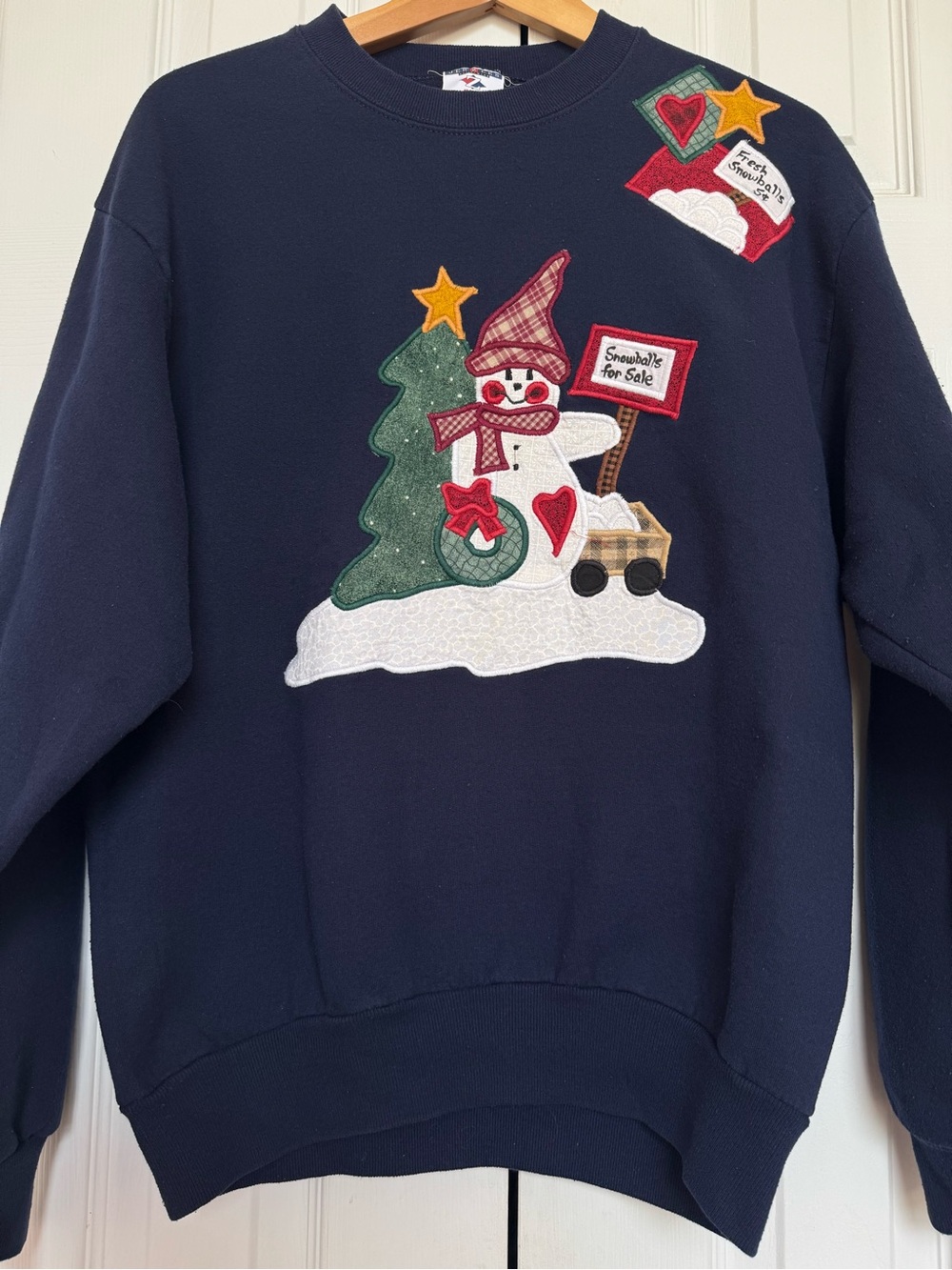 Vintage Jerzees NuBlend Snowman Applique Holiday Crewneck Sweatshirt Navy M